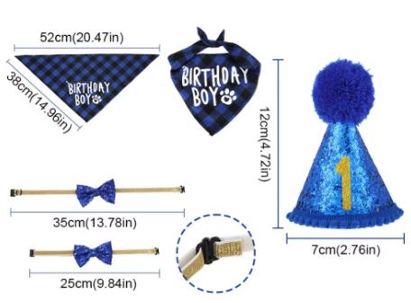 SET CUMPLEAÑOS PARA MASCOTAS GORRO, BANDANA Y GORRO