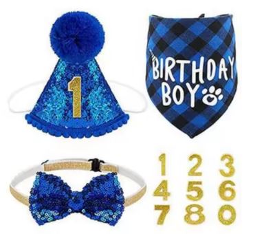 SET CUMPLEAÑOS PARA MASCOTAS GORRO, BANDANA Y GORRO