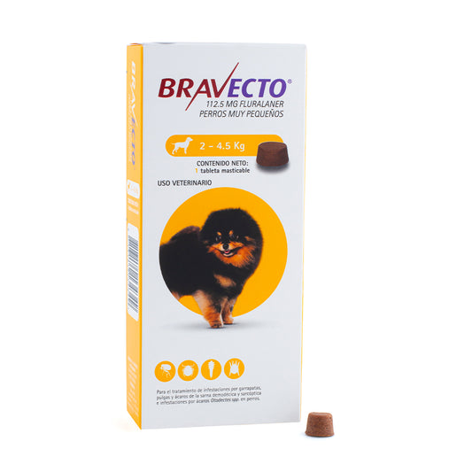 BRAVECTO TABLETA MASTICABLE PARA PERRO 2 A 4.5 KG – PROTECCIÓN 3 MESES