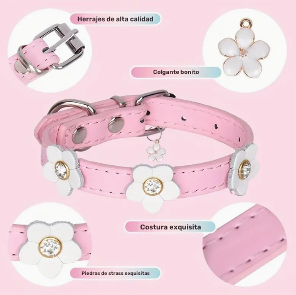 COLLAR DE VINIPIEL CON FLORES ROSA PARA PERRO