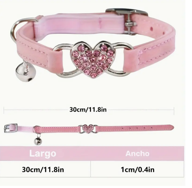 COLLAR DE GAMUZA PARA GATO COLOR ROSA CON CORAZÓN CHICO
