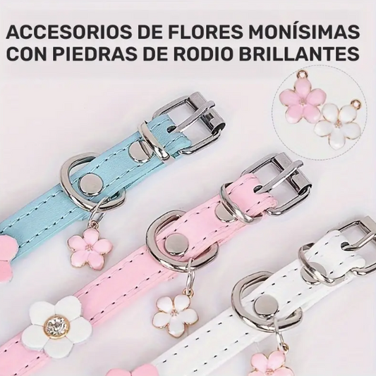 COLLAR DE VINIPIEL CON FLORES AZUL PARA PERRO