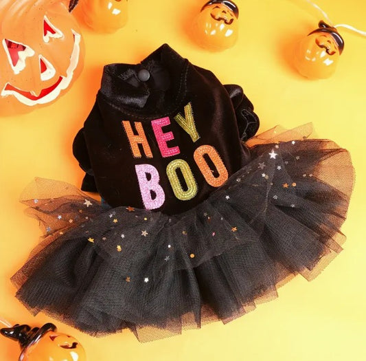 VESTIDO HEY BOO PARA PERRO DE HALLOWEEN