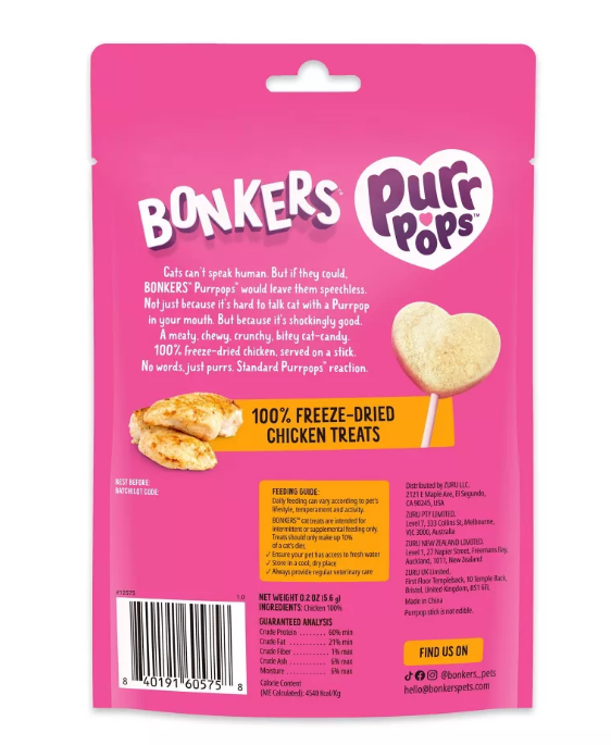 BONKERS PURR POPS  PALETAS PARA GATO SABOR POLLO PAQ CON 4 PIEZAS